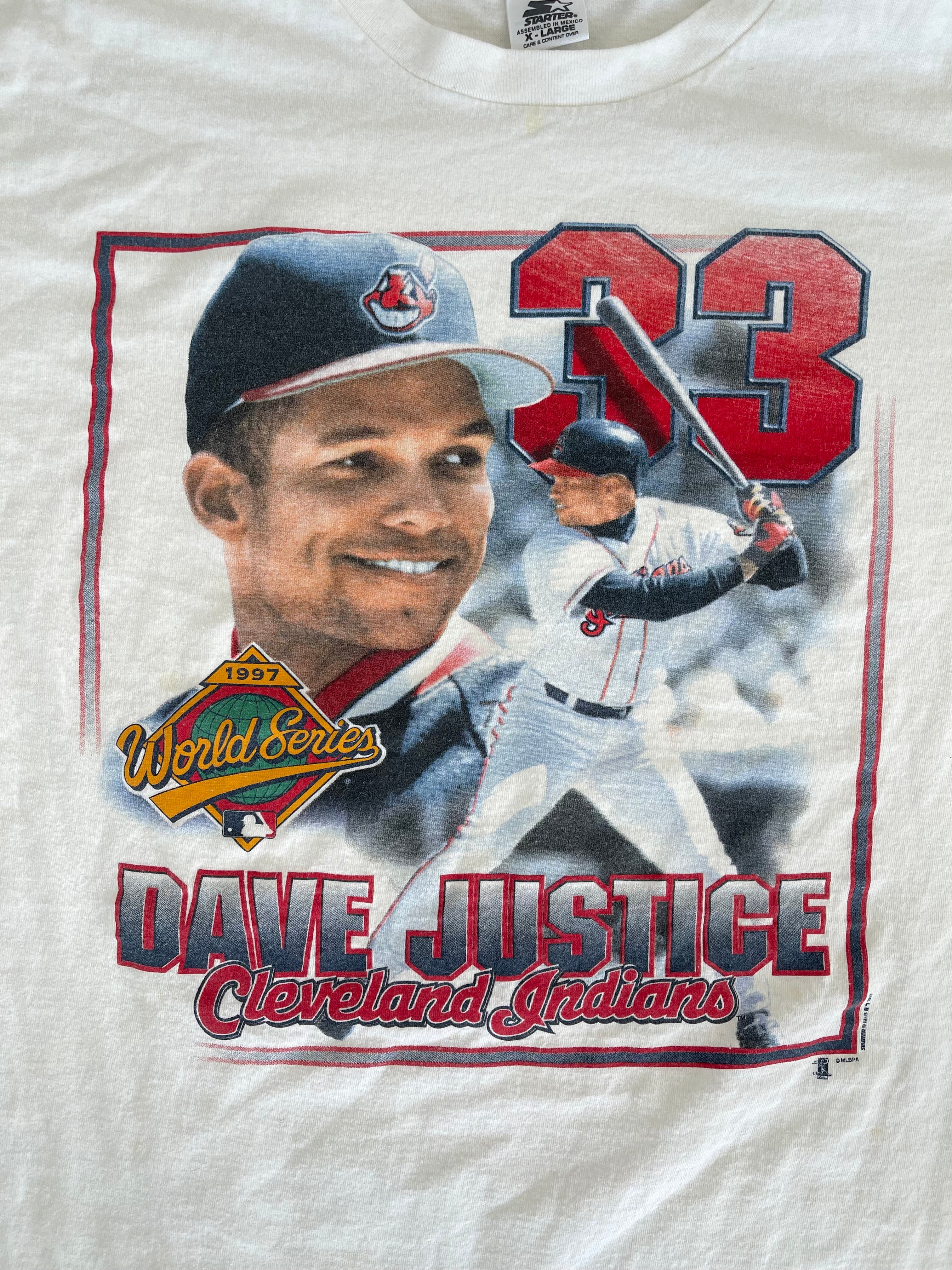 Official Vintage starter 1997 dave justice Cleveland indians T-shirt,  hoodie, sweater, long sleeve and tank top