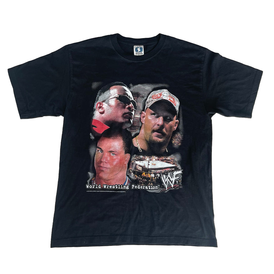 Vintage 2002 WWF Wrestling The Rock, Kurt Angle, Steve Austin Tee L