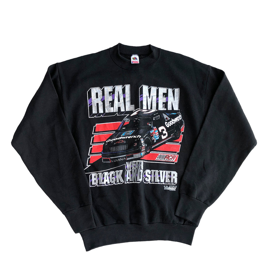 1990 Real Men Wear Black & Silver Nascar Crewneck Sweater L