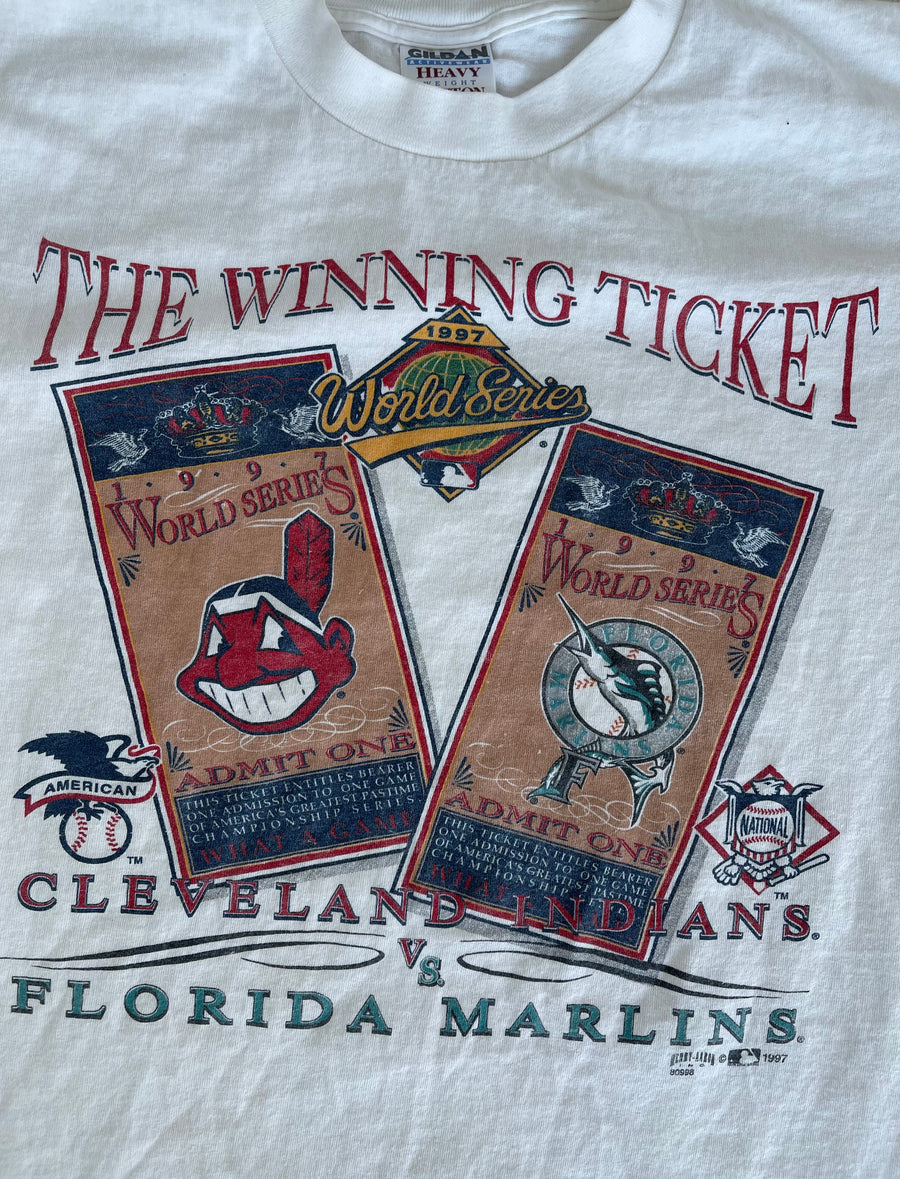 Vintage 1997 The Winning Ticket Cleveland vs Marlins Tee L